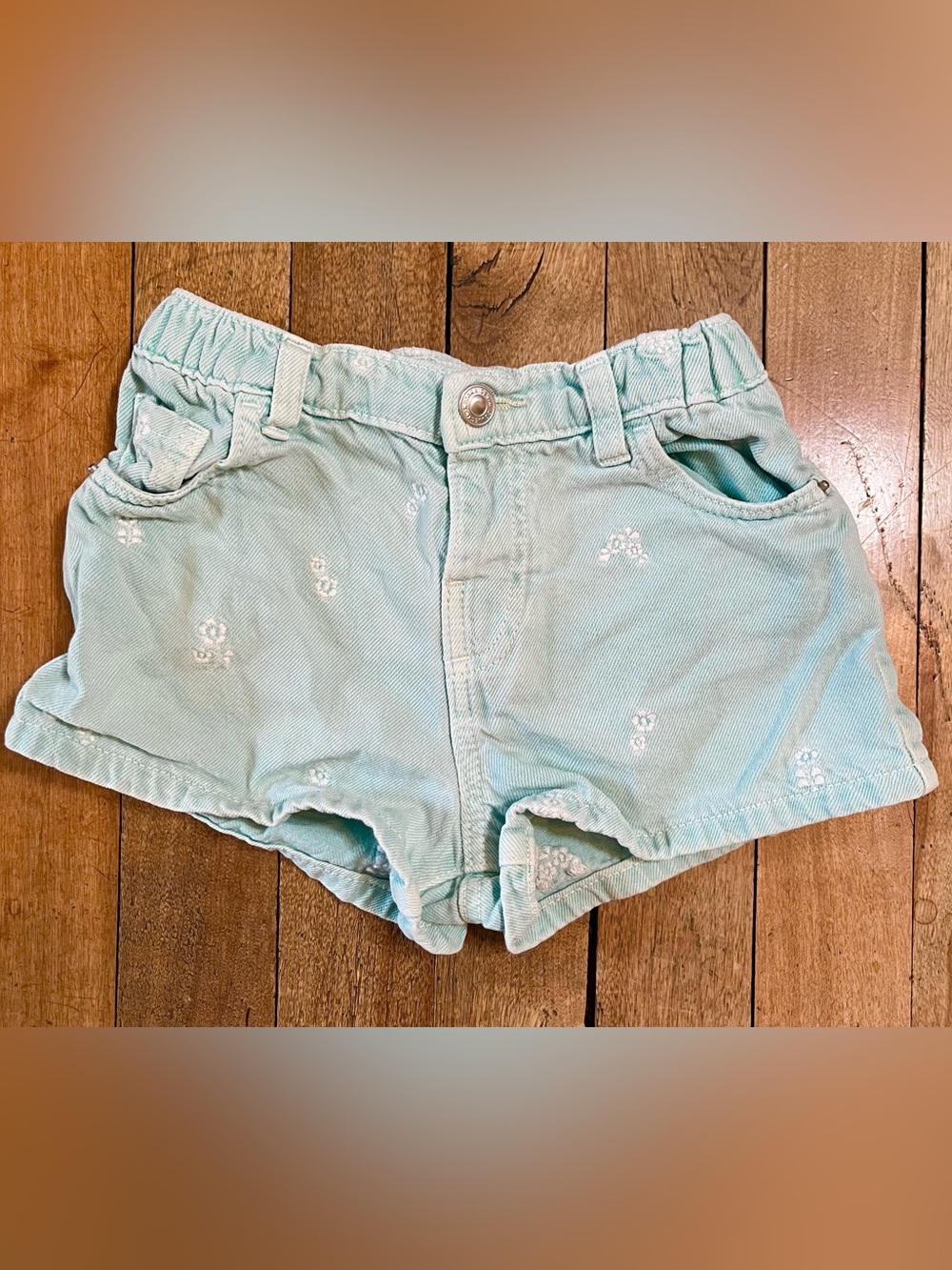 Zara Mint Green Embroidered Denim Shorts
